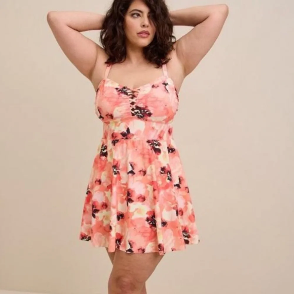NWT TORRID Wireless Long Lattice Front Swim Dress With Brief swimsuit